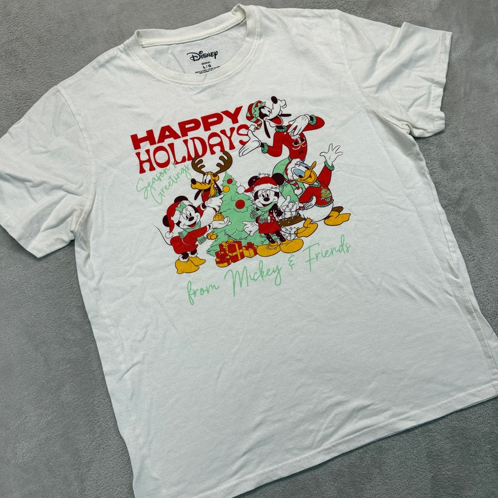Disney Shirt Adults‎ Large T-Shirt White Happy Holidays Mickey & Friends Graphic